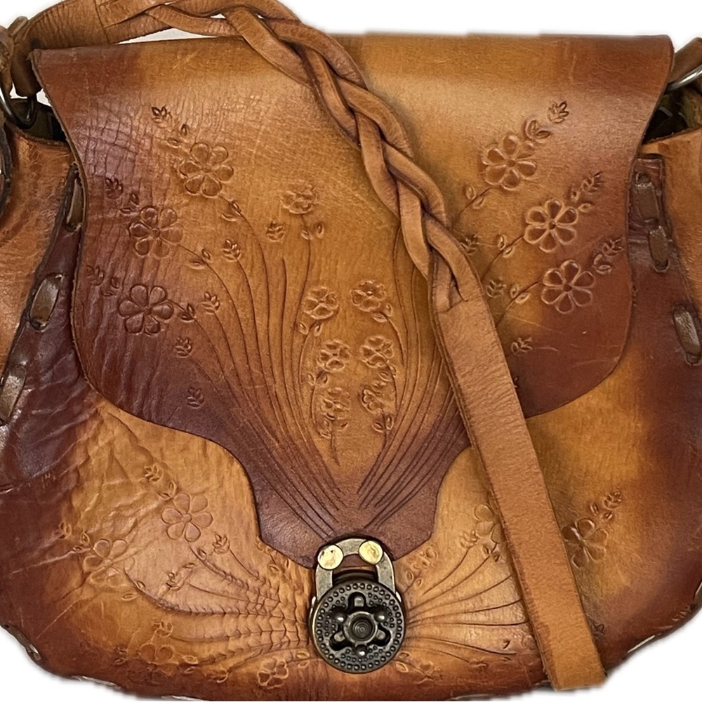 Tooled Vintage Burnished Leather Shoulder Bag